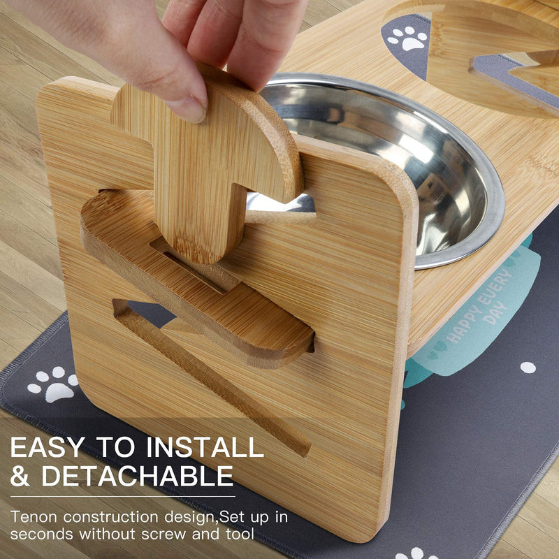 Bosixty Raised Pet Bowls for Small Dogs and Cats, Adjustable Height Bamboo Elevated Puppy and Cat Stand Feeder with 2 Stainless Steel Bowls and Highly Absorbent Non-slip Food Mat - PawsPlanet Australia