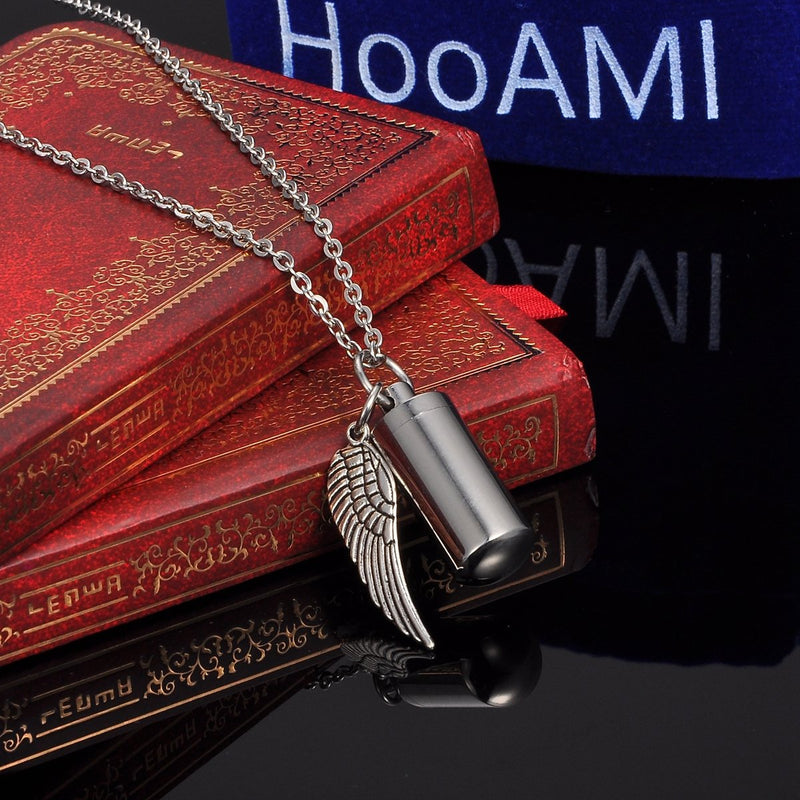 HooAMI Angel Wing Charm & Cylinder Memorial Urn Necklace Stainless Steel Cremation Jewelry 28mm Silver - PawsPlanet Australia