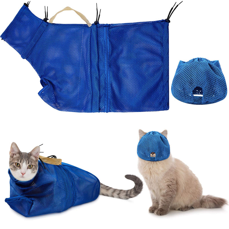 Weewooday 2 Pieces Cat Grooming Washing Mesh Tashce Cat Muzzle Breathable Mesh Muzzle Adjustable Kitten Scratch-Resistant Cat Restraint Bag Fixed Bag Cat Bath Bag (Blue) Blue - PawsPlanet Australia