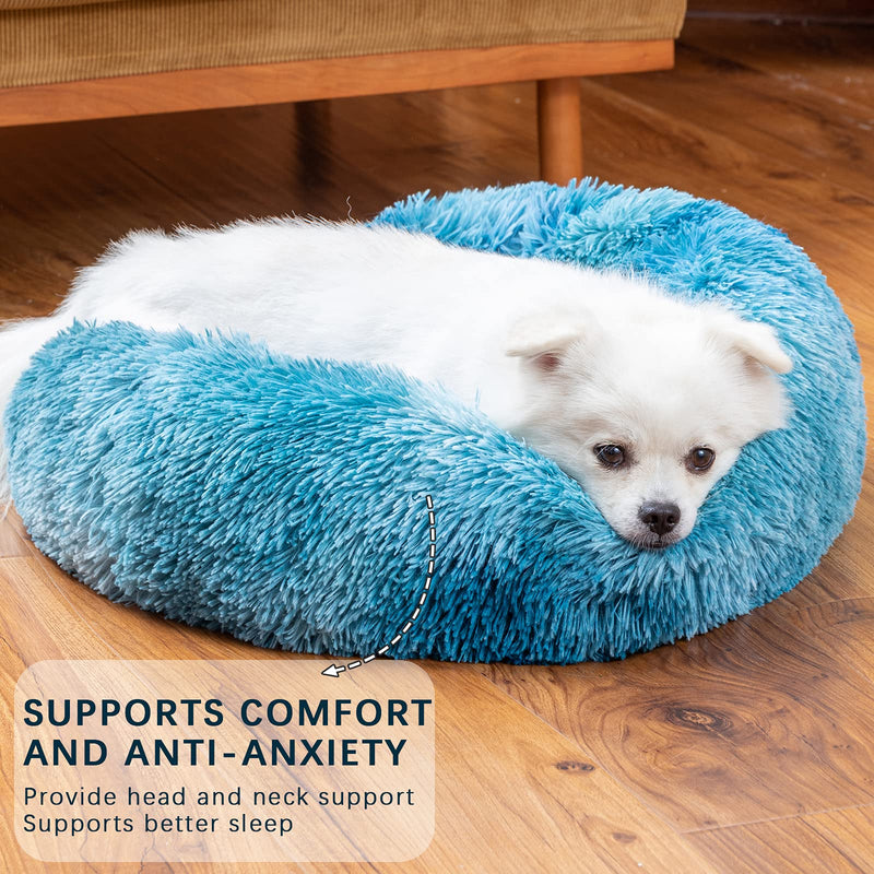 MoMoPal Donut Dog Bed,Anti-Anxiety Calming Round Pet Bed with Zip for Dog Cat,Washable Faux Fur Dog Beds& Furniture for Small Medium Large Dogs Cats X-Small-20" Blue - PawsPlanet Australia