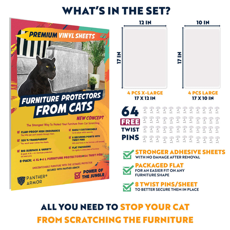 [Australia] - Panther Armor Furniture Protectors from Cat Scratch - 8(Eight)-Pack – Couch Guards for Cats - 4-Pack XL 17"L 12"W + 4-Pack Large 17"L 10"W Cat Scratch Deterrent - Couch Corner Cat Scratch Repellent 