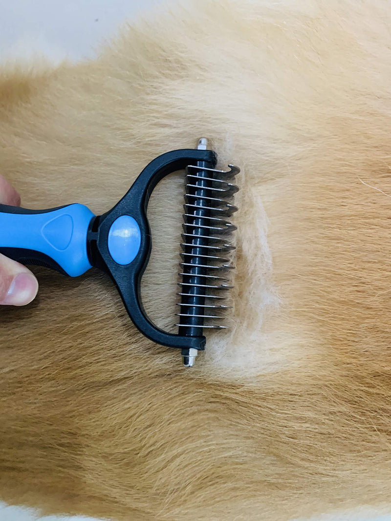 [Australia] - Pet Grooming Tools Dematting Brush,2 Sided and Safe Undercoat Rake, 2 in 1 Dematting Comb for Dogs and Cats with Medium and Long Hair,No More Nasty Shedding and Flying Hair (Large, Blue) 
