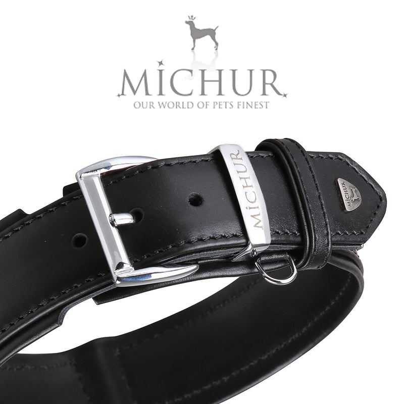 MICHUR El Pavo Dog Collar Leather, Leather Collar Dog, Collar, Black, LEATHER, with lilies, rhinestones and big peacock eye Neck circumference 20,47-22,83" - PawsPlanet Australia