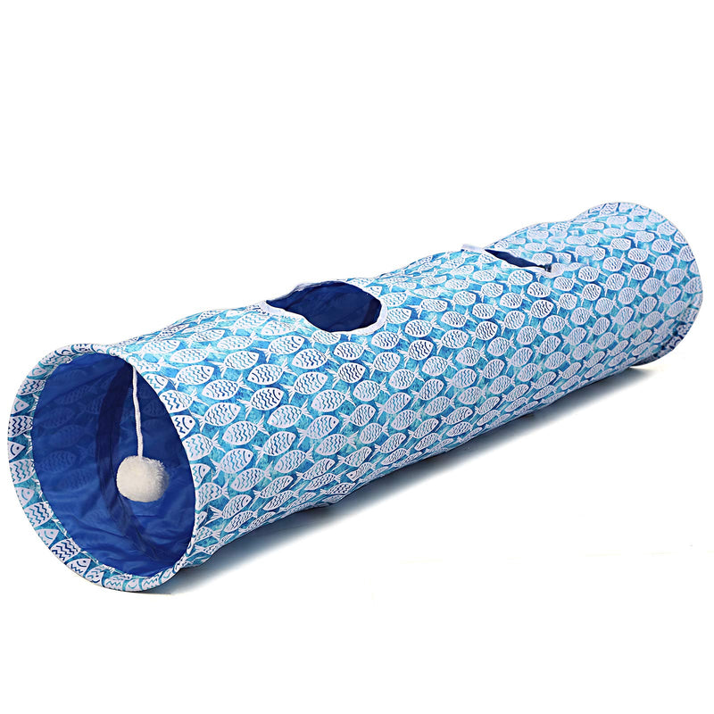 LUCKITTY Cat Kitten Tunnel Tube Toy with Plush Ball-Portable Oxford Plush Material Waterproof Durable Washable-Interesting Geometric Pattern Collapsible-47.2Inch/120CM Fish - PawsPlanet Australia