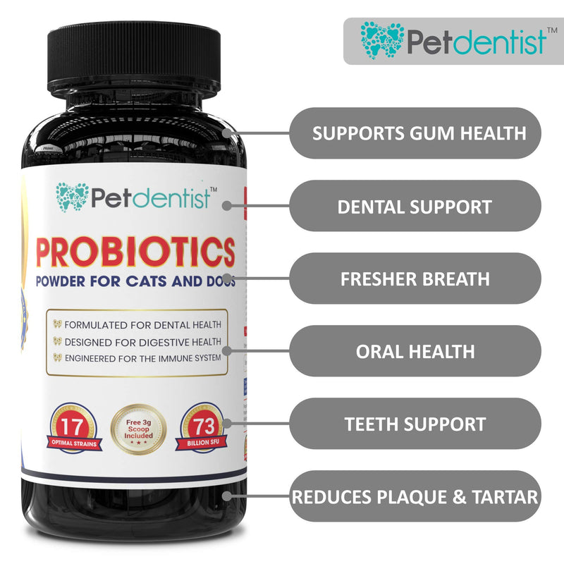 Petdentist Probiotics Powder for Cats and Dogs, 17 Bacterial Strains 73 Billion CFU’s Supplement for Pets Dental Care, Gums, Bad Breath, Dog Digestion, Skin Coat and Immunity Support, Made in UK-90g - PawsPlanet Australia