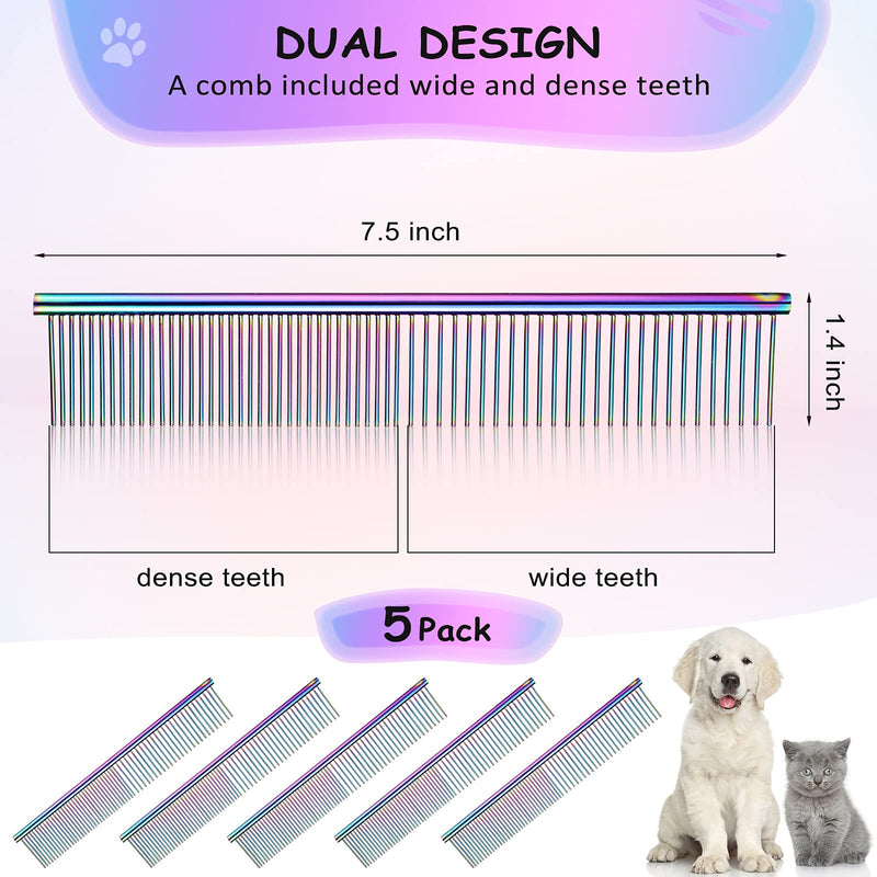 5 Pieces Stainless Steel Pet Comb for Dogs Cats Metal Pet Grooming Comb with Different Spacing Rounded Teeth Removing Knot Tangle, 7.5 x 1.37 Inch - PawsPlanet Australia