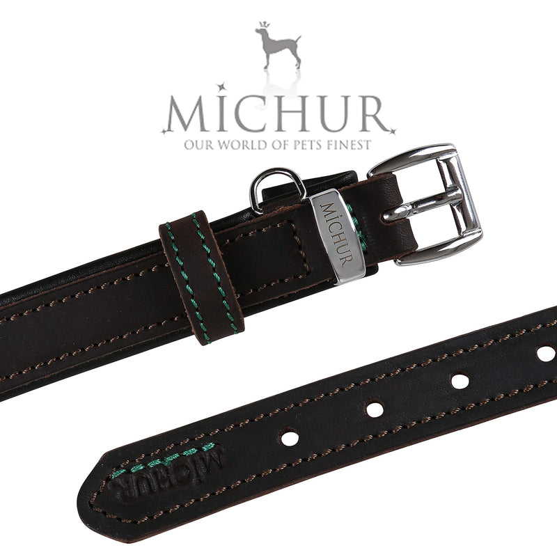 MICHUR Oleo dog collar leather, dog leather collar, collar brown, green stitching, LEATHER, Neck circumference 14,17-17,72" Neck circumference 14,17-17,72" - PawsPlanet Australia