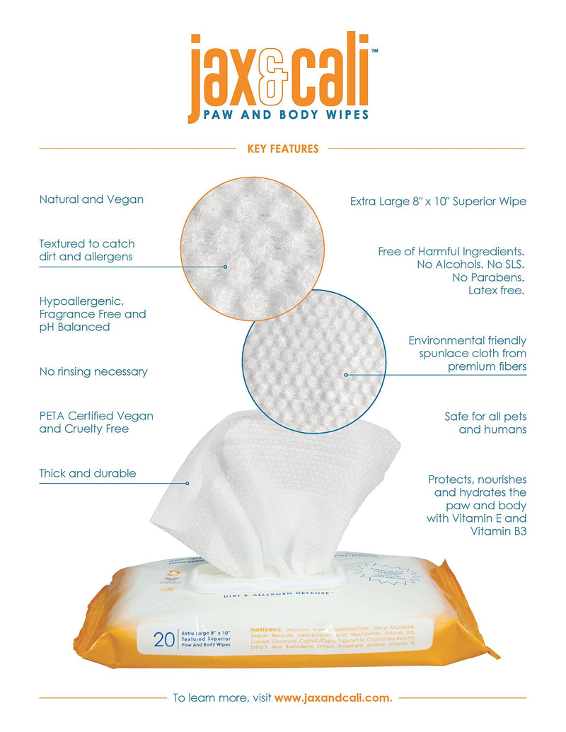[Australia] - JAX & CALI Pet Wipes – Natural Textured Paw and Body Wipes – Holistic – Hypoallergenic – Cruelty Free – Vegan – Extra Large 8 Inches x 10 Inches – for Dogs and Cats 20 