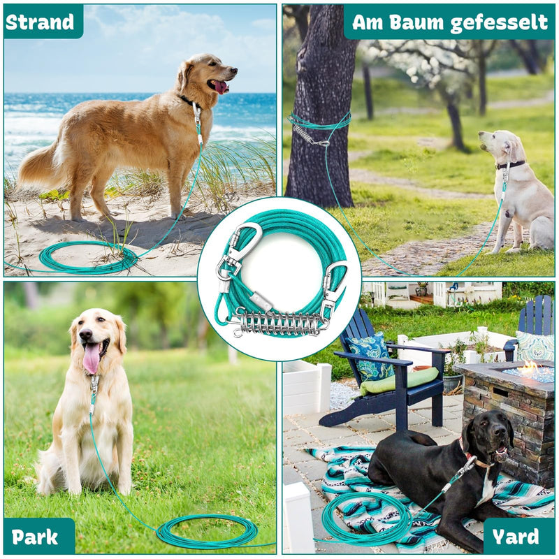 Yard leash for dogs, 15 m yard leash tie out lines, tie out cables for dogs with screw closure, yard leash tie out lines with shock-absorbing spring up to 125 lbs, pet leash bite-resistant for camping. Blue - PawsPlanet Australia
