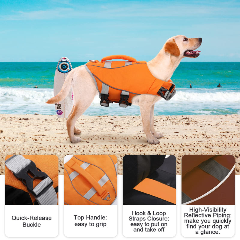 Kuoser Dog Life Jacket with Reflective Piping, Adjustable Dog Life Vest Ripstop Dog Lifesaver Pet Life Preserver with High Flotation, Swimsuit for Small Medium Large Dogs at Pool Beach Boating XS-chest girth: /13"-18.1" Orange - PawsPlanet Australia