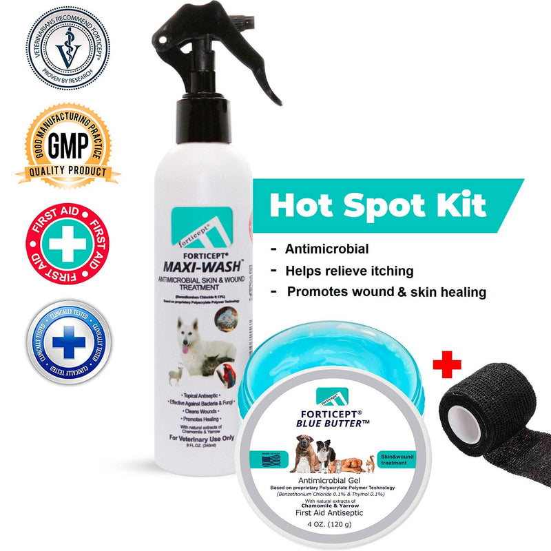 Forticept Hot Spot Treatment for Dogs Kit – Maxi-Wash Dog Itch Relief Spray 8Oz+ Blue Butter Dog Skin Irritation Treatment Ointment 4Oz + Self Adhesive Bandage Wrap - PawsPlanet Australia