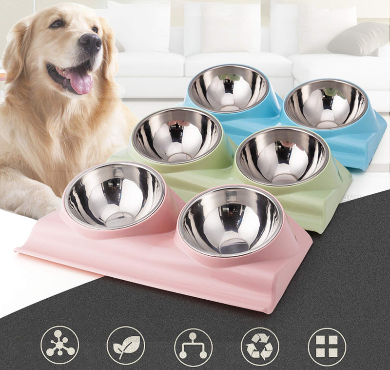 [Australia] - Vealind Double Pet Dog Bowl with Raised Stand, 15 Degree Tilted Non Slip Cat Food and Water Feeding Bowls Blue 