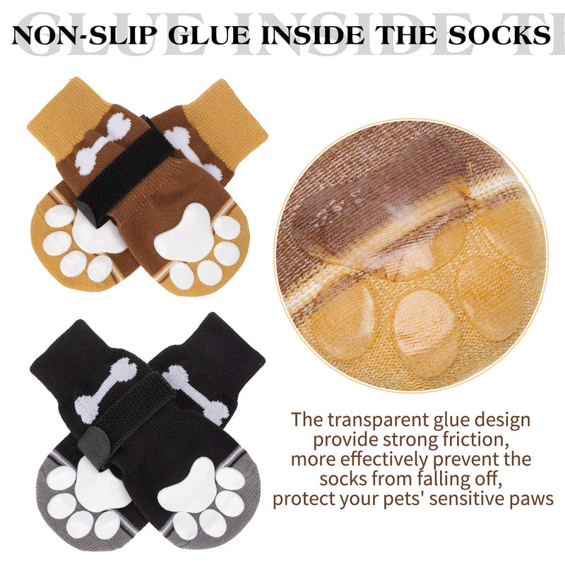 Double Side Anti-Slip Dog Socks - 4 Pairs Soft and Breathable Pet Paw Protectors with Adjustable Straps for Indoor on Hardwood Floor Wear Khaki+Black Small - PawsPlanet Australia