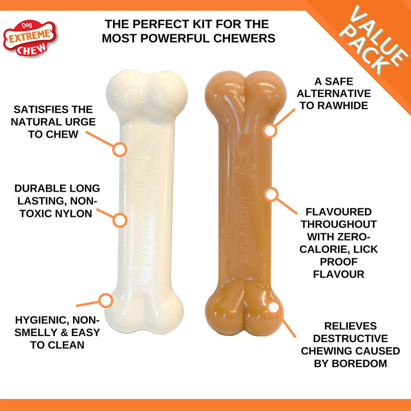 Nylabone 2 x Dura Chew Extreme Tough Dog Chew Toy Bones, 1 Bacon & 1 Chicken, Medium, For Dogs Up To 16 kg - PawsPlanet Australia