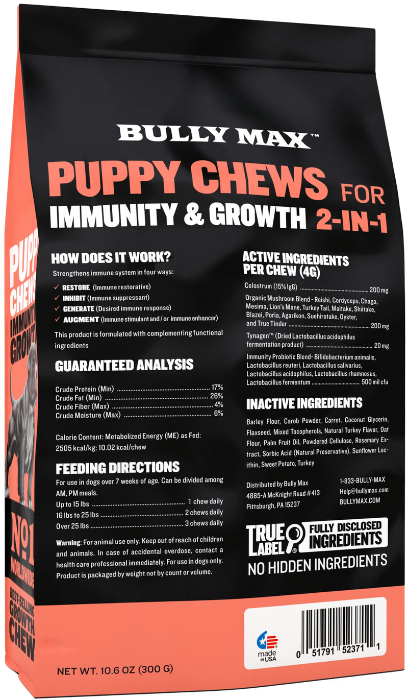 Bully Max 2-in-1 Puppy Chews for Immunity and Growth - for All Dog Breeds - Contains 14 Organic Species of Mushrooms for Immunity & Health - PawsPlanet Australia