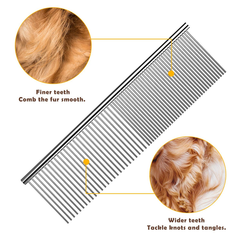 Pawaboo Pet Grooming Comb, 7.5''×2'' Stainless Steel Pet Grooming Massaging Kit Dog Comb Steel Comb Pin Comb Dog Shedding Combs with Different Spaced Teeth, Large Size, Silver L - PawsPlanet Australia