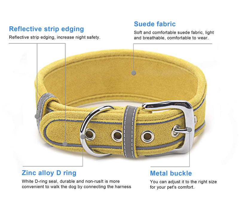 SEKAYISORE Super Soft Suede Dog Collar, Adjustable Reflective Dog Collars with D Ring, Comfort Pet Collar for All Breeds, 2" Width, Yellow M M: Fit 39.5-49.5cm neck, length 56cm - PawsPlanet Australia