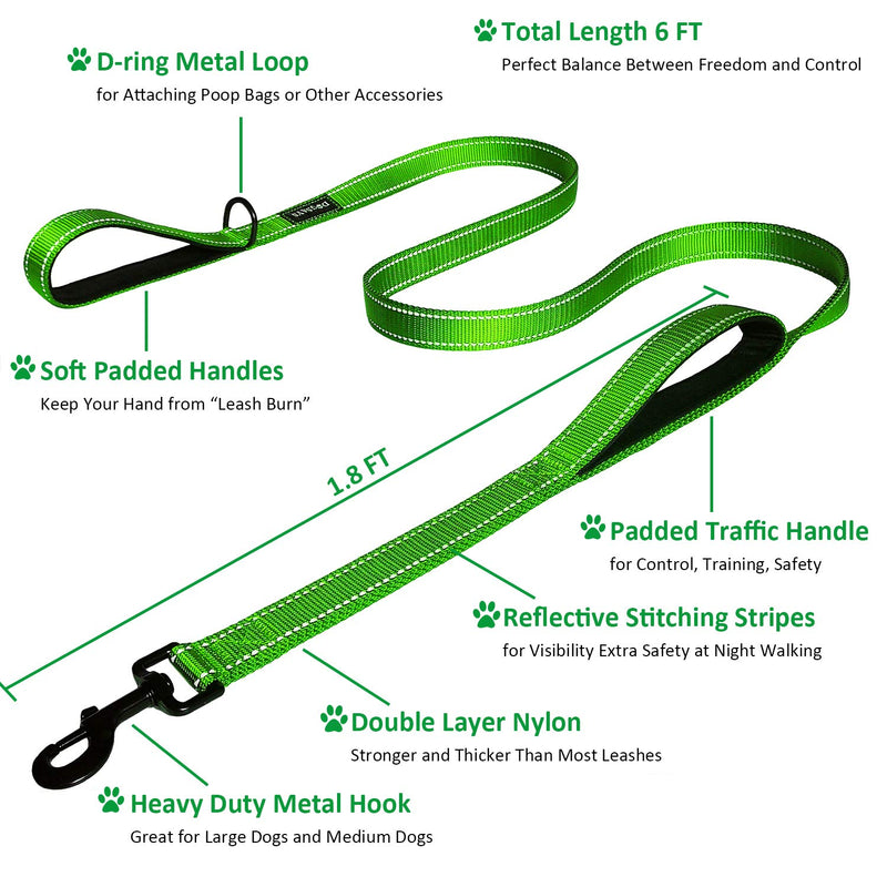 [Australia] - DOGSAYS Dog Leash 6ft Long - Traffic Padded Two Handle - Heavy Duty - Double Handles Lead for Training Control - 2 Handle Leashes for Large Dogs or Medium Dogs - Reflective Pet Leash Dual Handle Light Green 