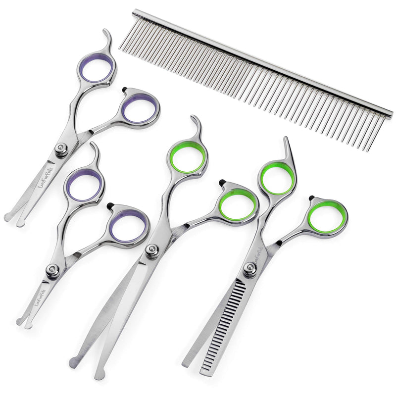 LuvFurPets Dog Grooming Scissors Kit with Safety Rounded Tips Pet Grooming Scissor Set for Dog's and Cat's with Purple and Green Comfort Rings Cat Grooming Kit - PawsPlanet Australia