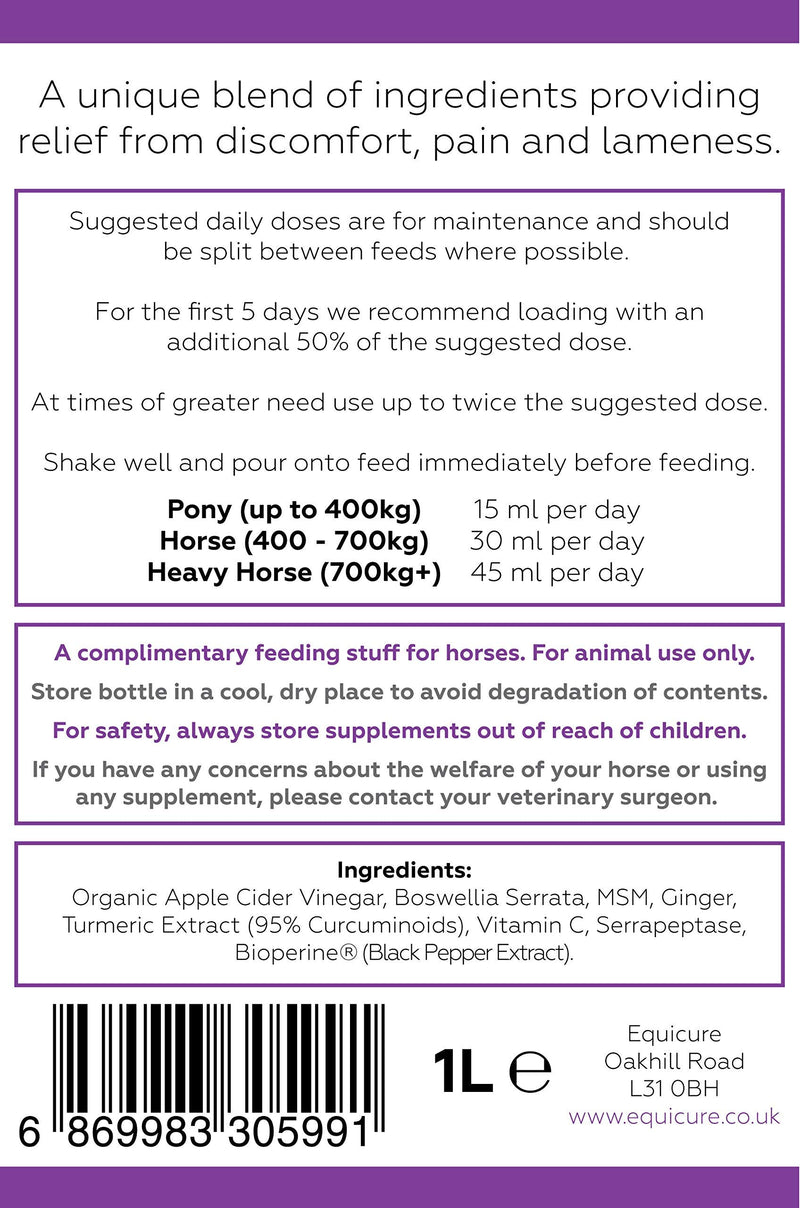 Equicure Herbutol 1 Litre - An Easy-to-Feed Natural Alternative to Bute for Horse/Pony - PawsPlanet Australia