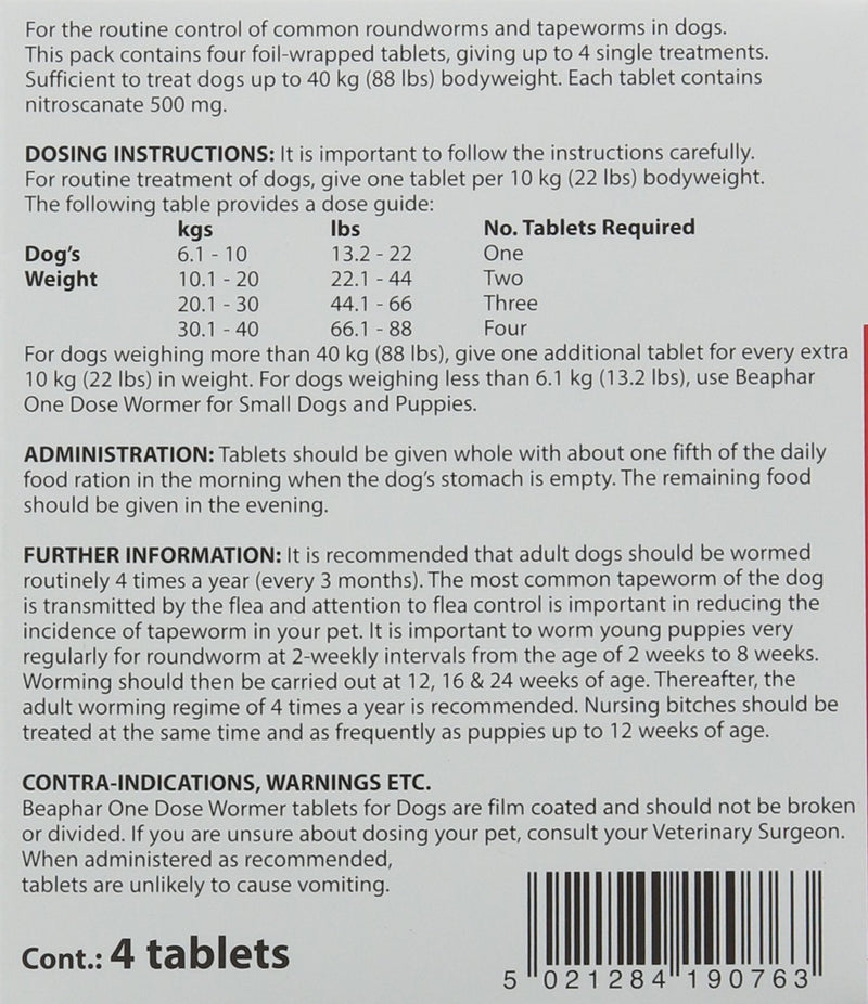 Beaphar One Dose Wormer for Large Dogs 4 Tablets (Pack of 2, Total 8 Tablets) - PawsPlanet Australia