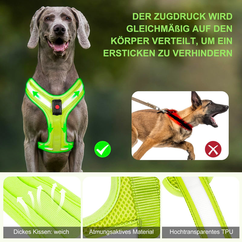 PZRLit Luminous Dog Harness, Luminous Harness for Dogs, Rechargeable, Luminous Dog Harness, LED, Luminous Harness for Dogs, Reflective with Light, Safety in the Dark-Green, Medium Green - PawsPlanet Australia