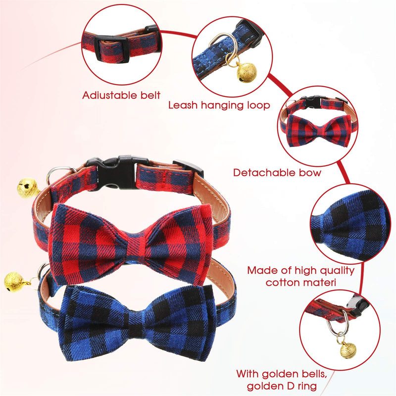 Frienda 2 Pieces Plaid Bowtie Dog and Cat Collar Adjustable with Bell for Small Medium Large Dogs Cats Pets - PawsPlanet Australia