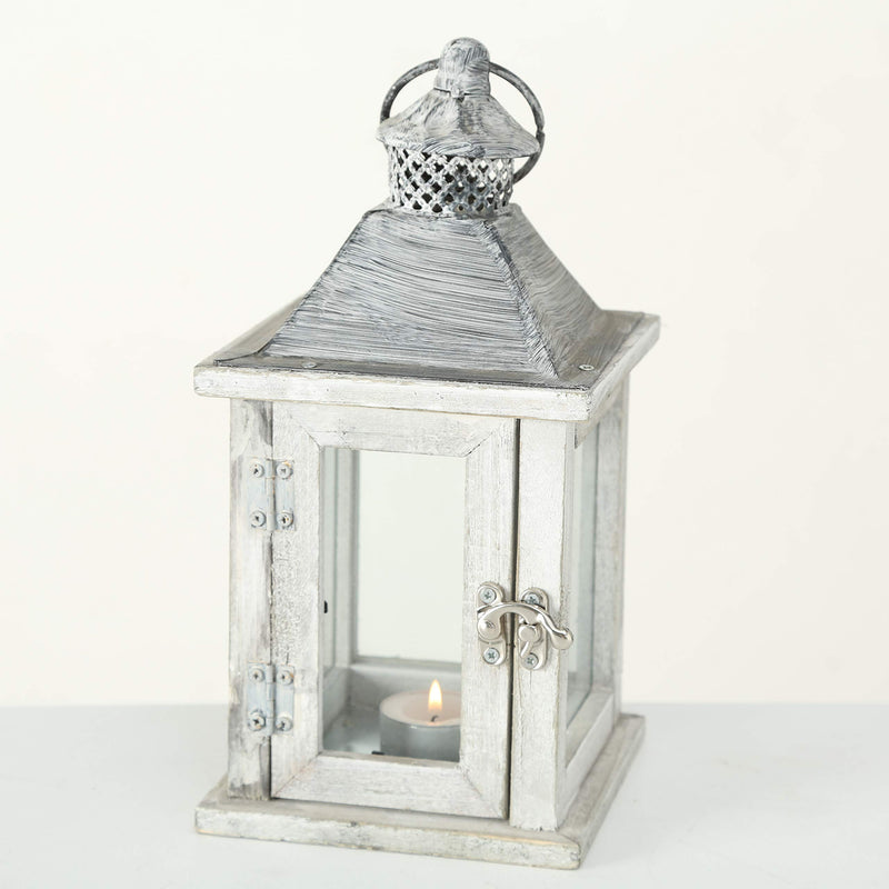 WHW Whole House Worlds Farmers Market Wooden Candle Lantern Hurricane, Rustic Dark Metal Roof, Shabby Weathered Finish, White Stained Fir, 10 Inches Tall Galvanized Metal Floor Plate - PawsPlanet Australia