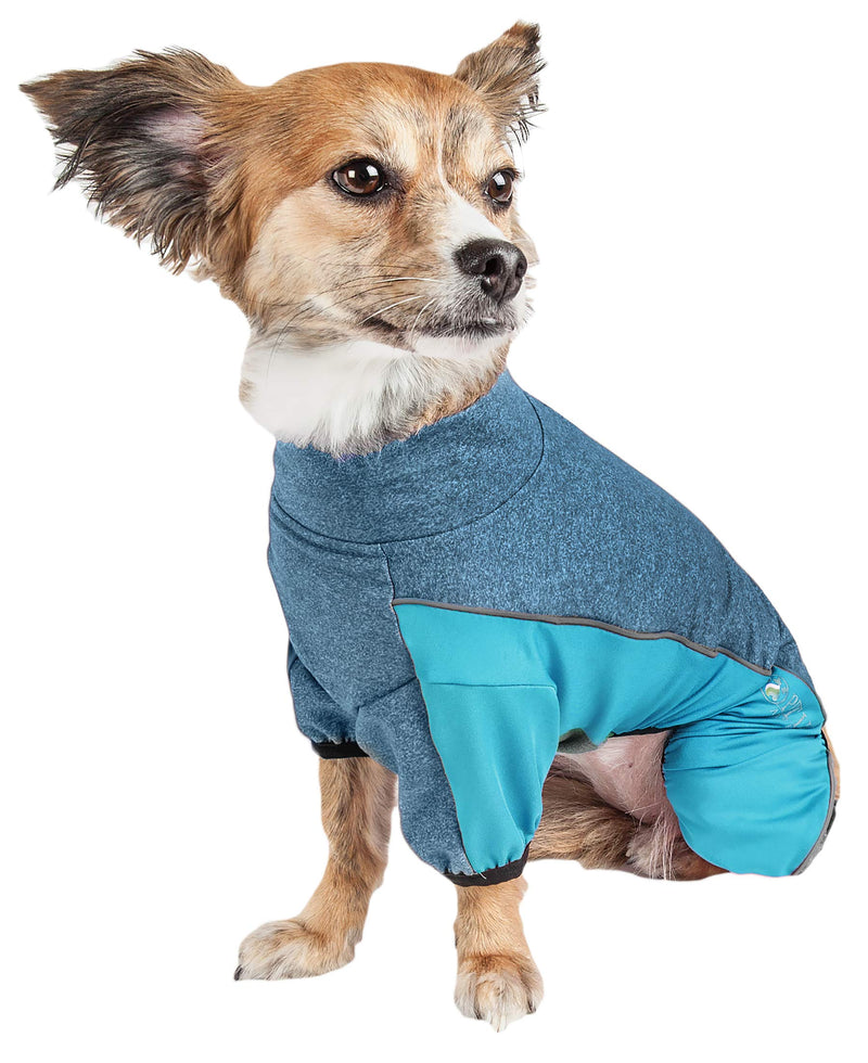 [Australia] - Pet Life Active 'Chase Pacer' Heathered Performance 4-Way Stretch Two-Toned Full Body Warm Up Medium Blue 