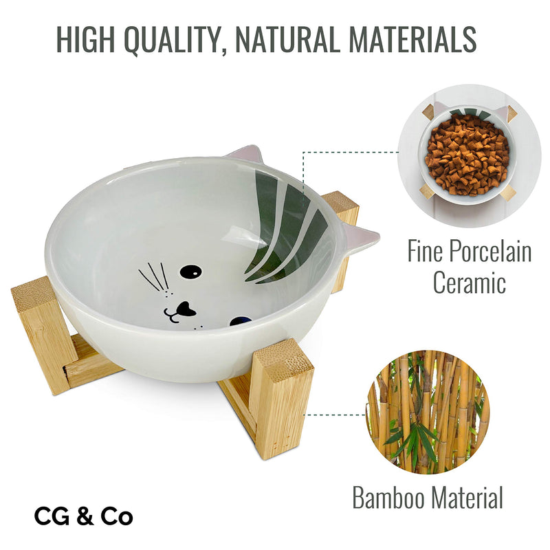Ceramic cat feeding bowl, raised with wood stand for neck support, cat food bowl, pet food bowl, water feeding bowl for cats and small dogs, no spill feeding bowl (Cat) - PawsPlanet Australia