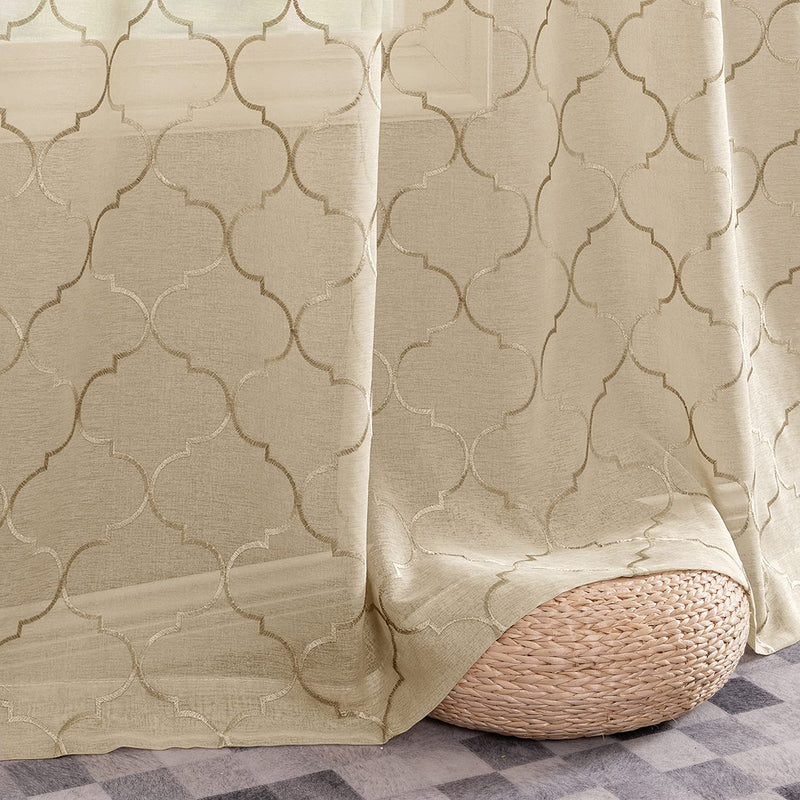 Tile Sheer Curtains for Bedroom Geometry Lattice Embroidery Voile Sheer Curtains for Living Room Quatrefoil Window Treatment Set 63 inches Long Taupe W55 x L63 #Taupe - PawsPlanet Australia