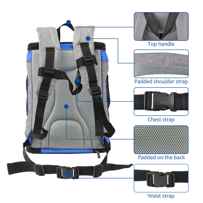 Kato Tirrinia Foldable Pet Carrier Backpack for Small Dogs, Cat Carrier Backpack, Puppy Rucksack Carrier Ventilated Design For Travel Camping Hiking Outdoor Blue and Grey Without Pockets - PawsPlanet Australia