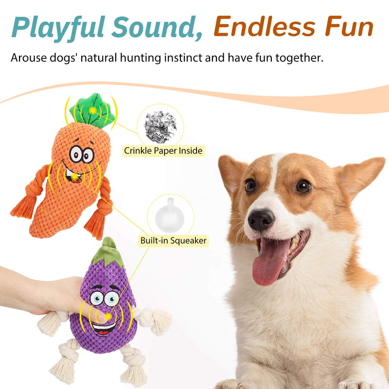 Pawaboo Squeaky Dog Plush Toys Dog Chew Toy, Eggplant and Carrot Shape Stuffed Chew Toys with Cotton Rope, Washable Interactive Toy for Medium, Small Puppy Dog, Suitable for Outdoor and Indoor - PawsPlanet Australia