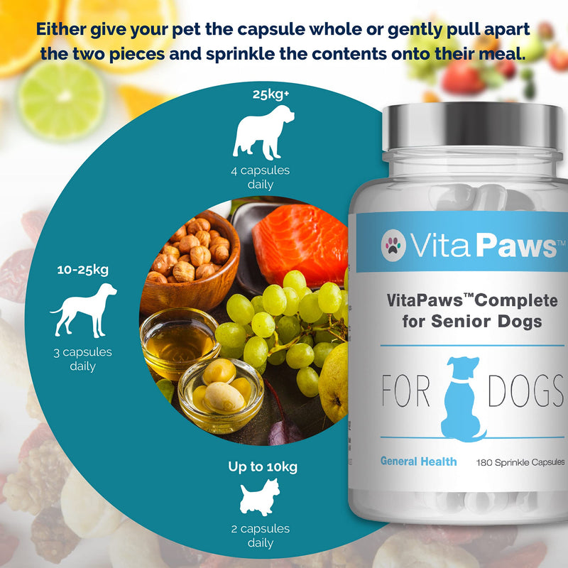 Multivitamins for Senior Dogs | VitaPaws Complete | Includes Glucosamine, Ginseng & L-Carnitine | 180 Sprinkle Capsules Ideal for Fussy Pets | UK Manufactured - PawsPlanet Australia