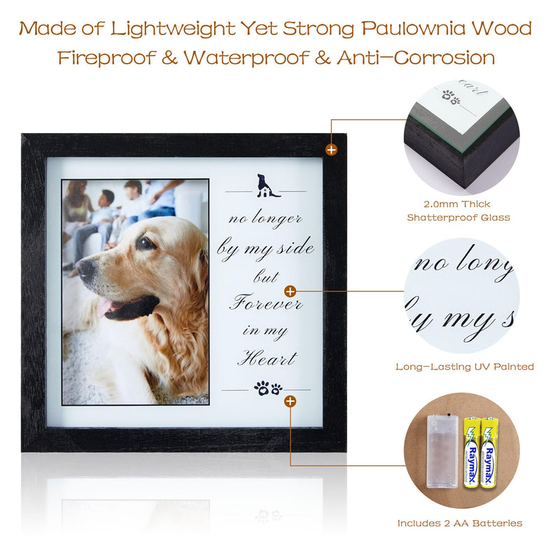 WOODEXPE Pet Memorial Picture Frame 8"x8" Dog Memorial Gift LED Shadow Box Pet Loss Gift of Dog and Cat Keepsake for Remembrance Black Black no longer by my side - PawsPlanet Australia