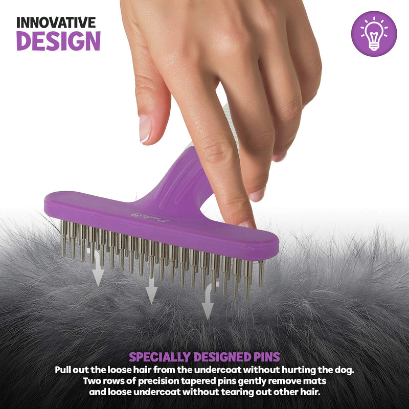 Poodle Pet Dog Grooming Rake| Dematting Tool with Stainless Steel Shedding Comb for Pets | 2 Rows of Pins Gently Remove Loose or Tangled Hair from Undercoat | Purple Handle - PawsPlanet Australia