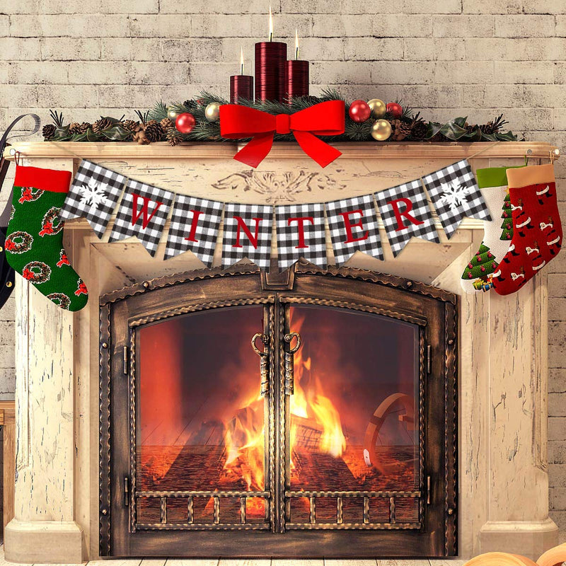 Rainlemon Winter Banner Buffalo Check Plaid Christmas Holidays Rustic Farmhouse Mantle Fireplace Decoration - PawsPlanet Australia