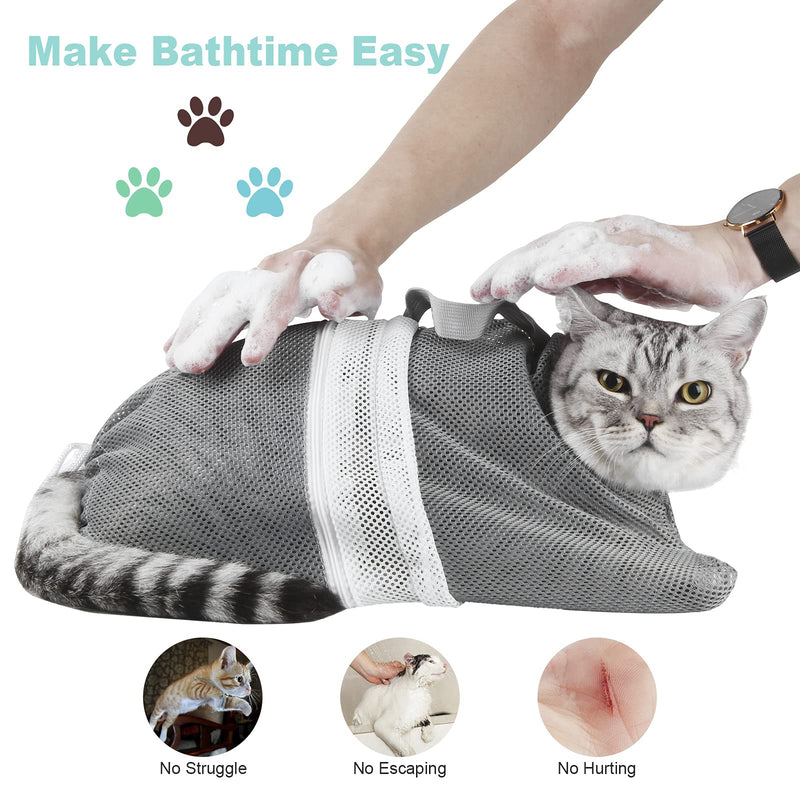 Cat Bag for Bathing 8 PCS Set with Cat Shower Net Bag Adjustable Pet Grooming Brush Nail Clipper Nail File Hair Combs Tick Tool Nail Caps, Nail Trimming Bath Cleaning Supplies Kit for Cats & Dogs Grey - PawsPlanet Australia