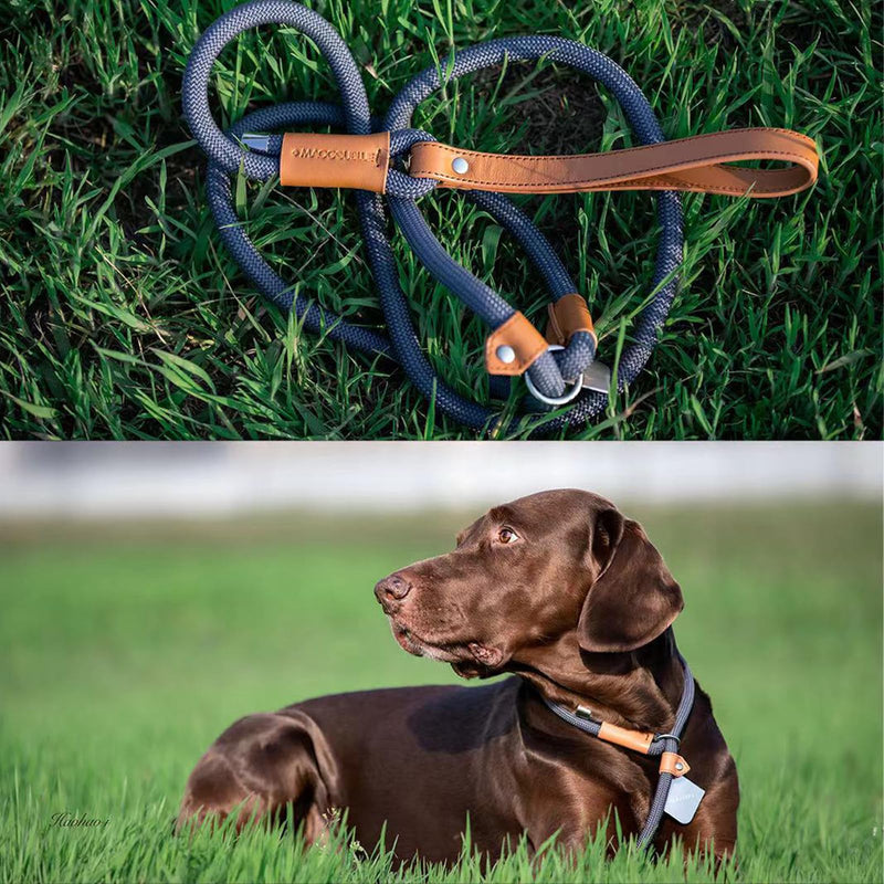 Maogoublue 5.9FT Durable Leather Leash with Sturdy Nylon Rope and Metal Rivets at The Connection Points. The Leash Features a Movable Leather Limit Buckle for Small Medium pet Dogs (Dark Blue) Dark Blue - PawsPlanet Australia