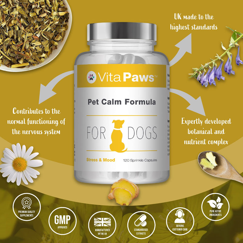 Pet Calm Formula for Dogs by VitaPaws | 120 Sprinkle Capsules | Supports Relaxation in Dogs | Manufactured in The UK. - PawsPlanet Australia