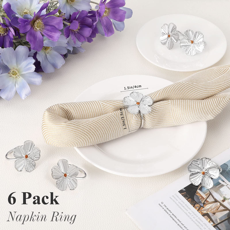 Lewondr Napkin Rings, Set of 6 Flowers Napkin Ring Holders Dinner Tables Rings Elegant Ornament Table Setting Decoration for Wedding, Christmas, Thanksgiving, Holiday, Party, Silver - PawsPlanet Australia