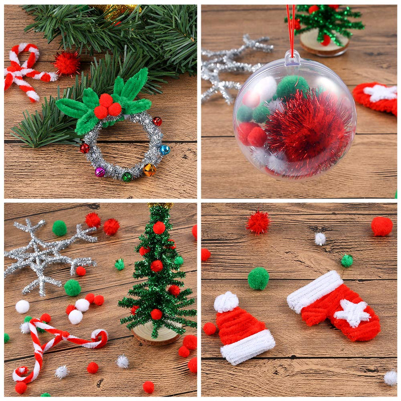 Caydo 500 Pieces Christmas Assorted Pom Poms in 4 Sizes with Glitter Pom Poms for DIY, Creative Christmas Crafts Decorations(Red, Green, White) - PawsPlanet Australia