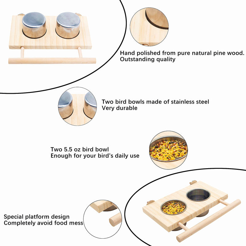 Bird Feeding Dish Cups,Hanging Stainless Steel Parrot Cage Feeder & Water Bowl with Wooden Platform for Parakeet Cockatiels Lovebirds Budgie - PawsPlanet Australia