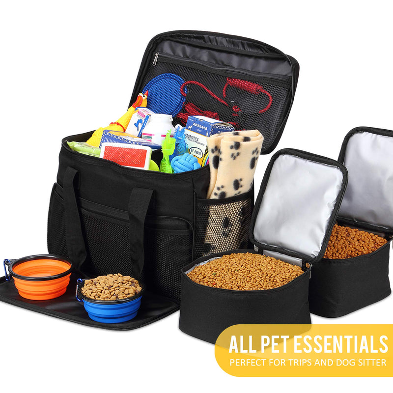 KOPEKS Dog Cat Pet Travel Bag Thermal Bag with Compartments Bowl and Drinker Foldable Travel Kit - Black - PawsPlanet Australia