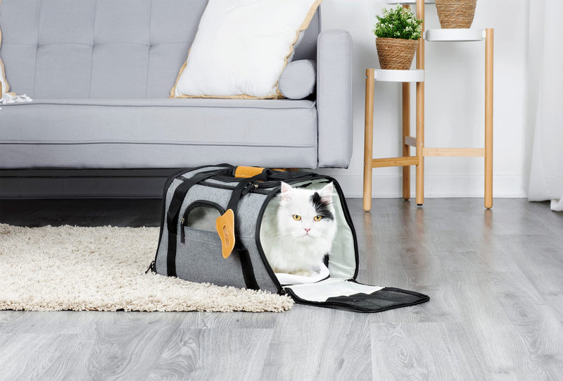 Petlicity Pet Carrier Linen Effect Folding Bag With Top And Side Opening, Removable Mat, Pet Dog Cat Puppy Transport, Breathable Mesh, Polar Fleece, Faux Leather with shoulder Strap (M (up to 17lb)) M (up to 17lb) - PawsPlanet Australia