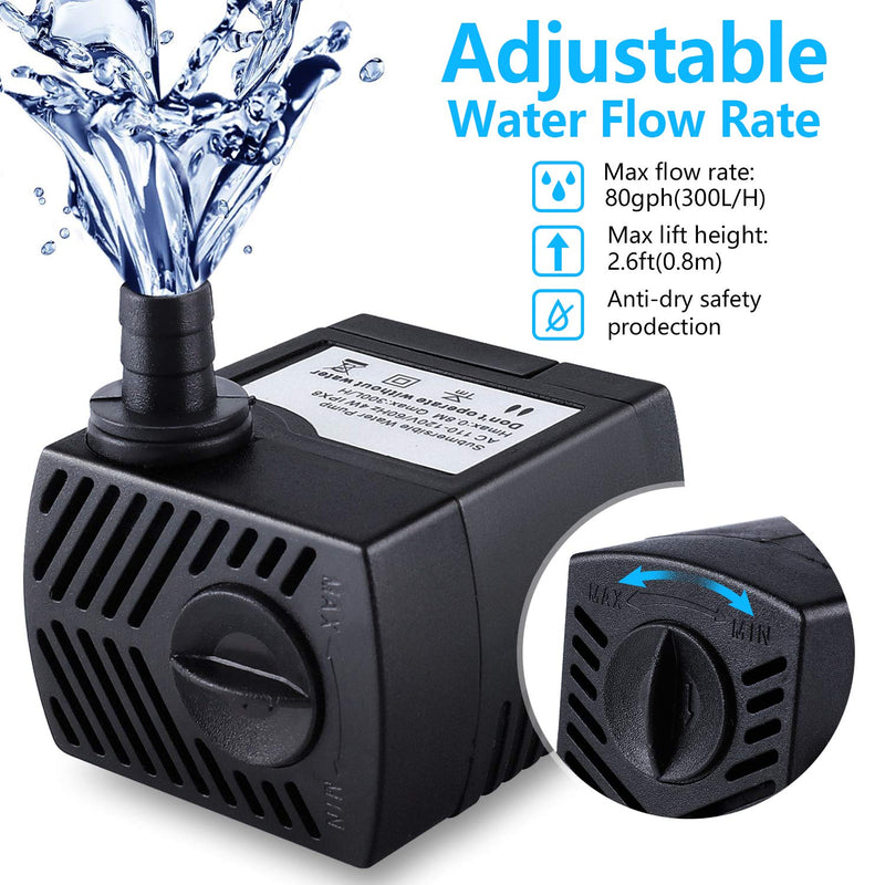 CWKJ Fountain Pump, 80GPH(4W 300L/H) Submersible Water Pump, Durable Outdoor Fountain Water Pump with 7.2ft（2.2m） Power Cord, 3 Nozzles for Aquarium, Pond, Fish Tank, Water Pump Hydroponics, Fountain - PawsPlanet Australia