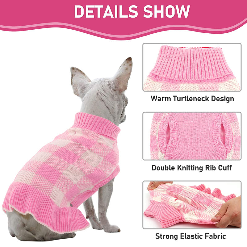 Dasior Pet Dog Sweater, Soft Turtleneck Knitted Plaid Stretch Pullover, Warm Knitwear Winter Clothes X-Small Pink - PawsPlanet Australia