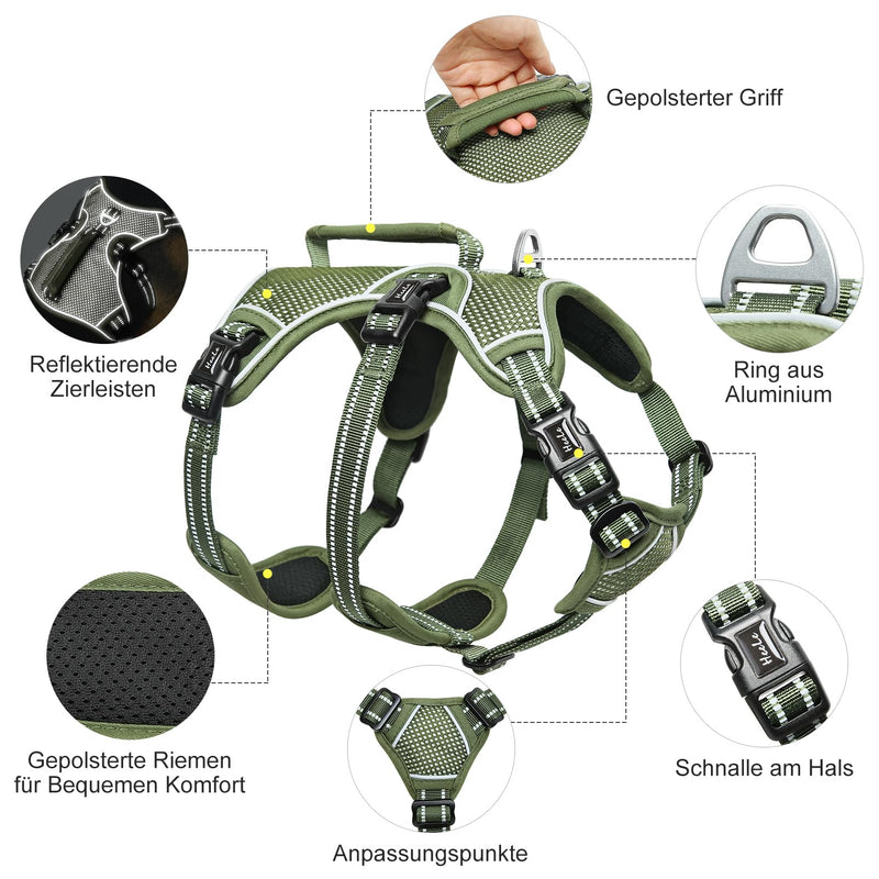 HEELE dog harness, escape-proof, buckle in the neck area, reflective, chest harness with robust handle, panic harness for dogs, dog harness with a stable impression, fits like a glove, green, XL - PawsPlanet Australia