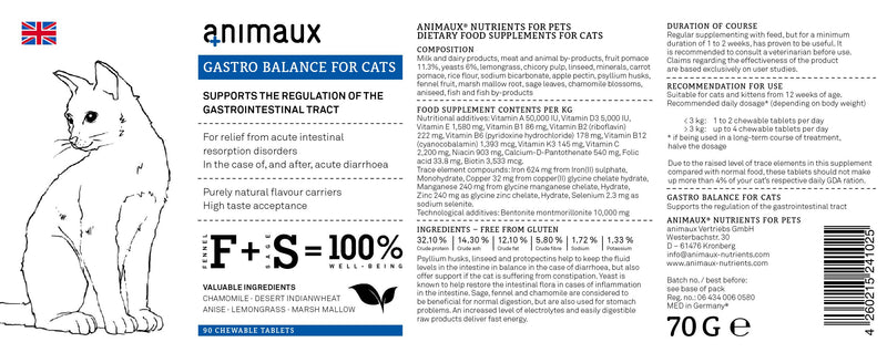 animaux - gastro balance for cats I To support the gastro-intestinal tract, digestion & elimination of hairballs I Prevents diarrhoea, constipation & flatulence I Chewing Tablets for intestinal flora - PawsPlanet Australia