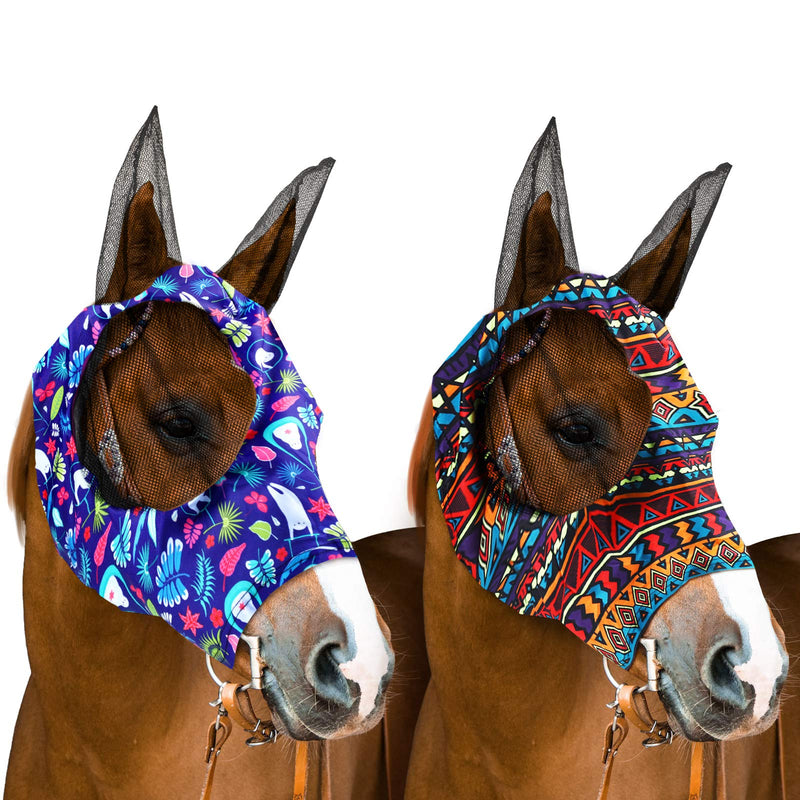 2 Pieces Horse Fly Mask with Ears Protection Sun Protection Horse Mask Smooth Elasticity Fly Mask for Horses, 2 Patterns - PawsPlanet Australia